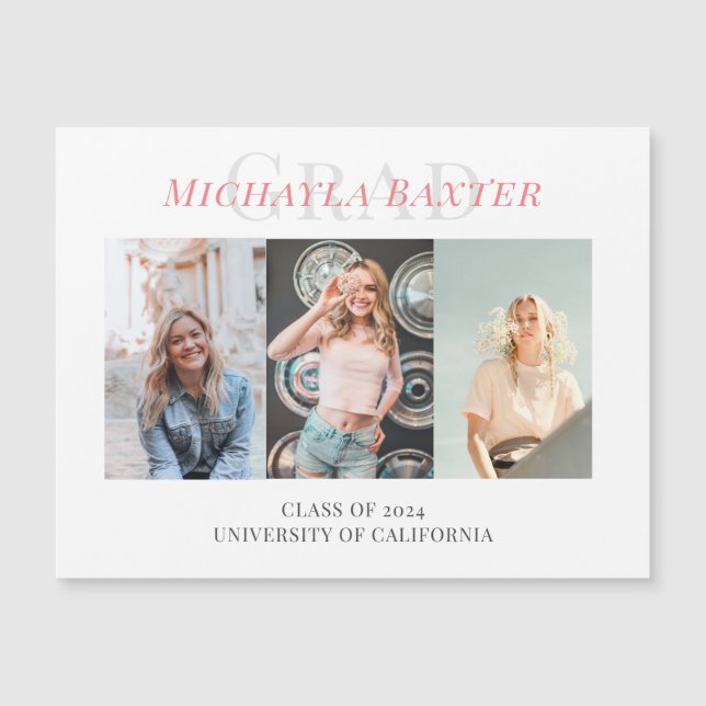 Modern Three Photo Collage Pink  Graduation  (Front)