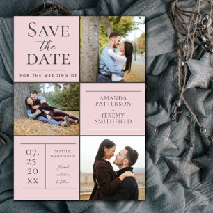 Modern Three Photo Collage Pink Save the Date