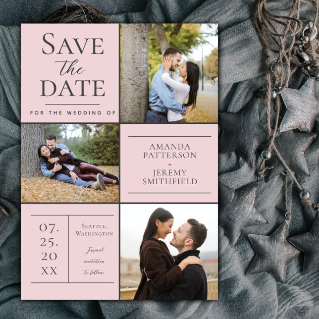 Modern Three Photo Collage | Pink Save the Date (Pink Modern Three Photo Collage Save the Date)