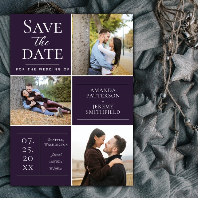 Modern Three Photo Collage | Purple Save The Date (Purple Modern Three Photo Collage Save the Date)