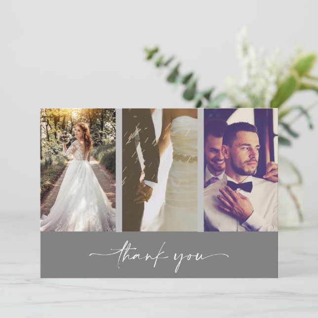 Modern Three Photo Grey Wedding Thank You (Standing Front)
