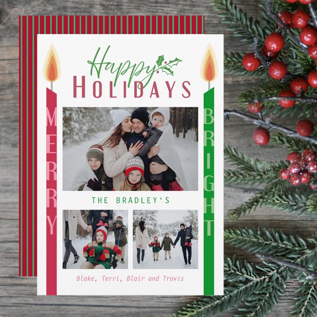 Modern Three Photo Happy Holidays Card (Creator Uploaded)