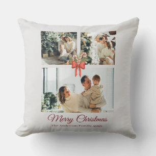 Modern Three-Photo Holiday Family Collage Cushion