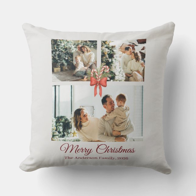 Modern Three-Photo Holiday Family Collage Cushion (Front)