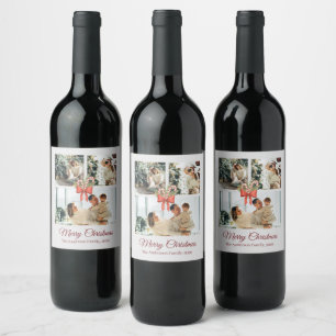 Modern Three-Photo Holiday Family Collage Wine Label