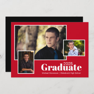 Modern Three Photo Red and Black Graduation Party  Invitation