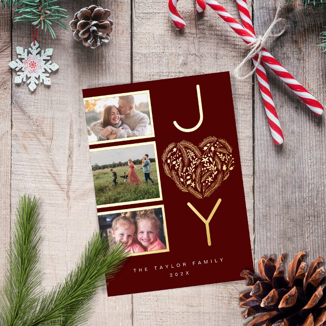 Modern Three Photo Red Joy Joyful Christmas Heart (Creator Uploaded)