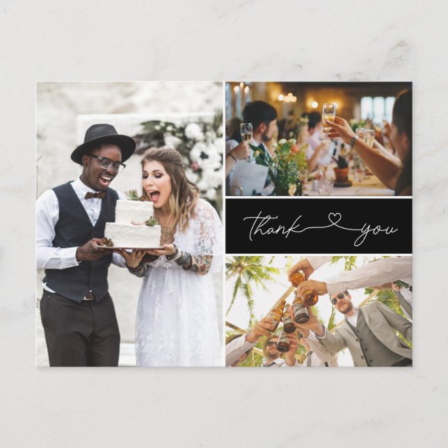 Modern Three Photo Script Wedding Thank You Invitation Postcard (Front)