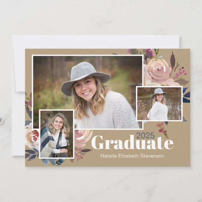 Modern Three Photo Watercolor Graduation Party Invitation (Front)