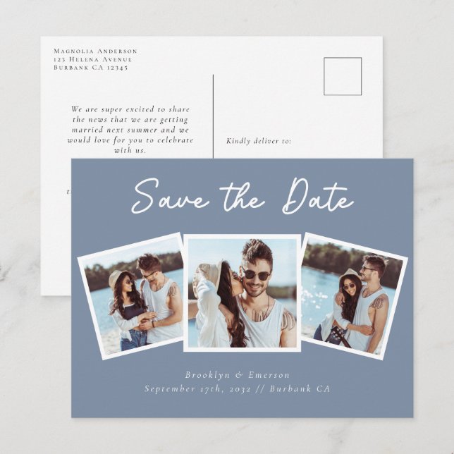 Modern Three Photo Wedding Save The Date Postcard (Front/Back)