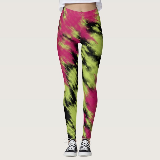 Modern Tie Dye Green Pink Black Abstract Pattern Leggings (Front)