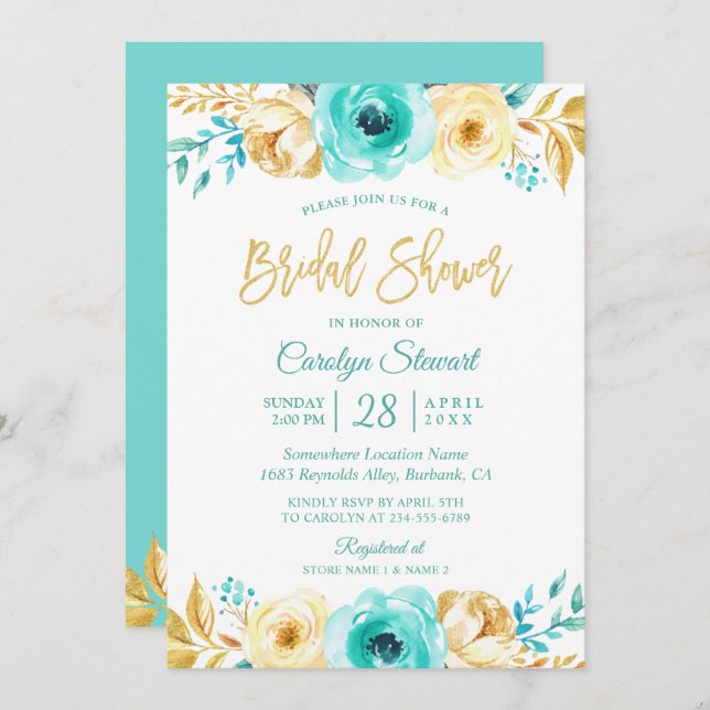 Modern Tiffany Gold Botanical Floral Bridal Shower Invitation (Front/Back)