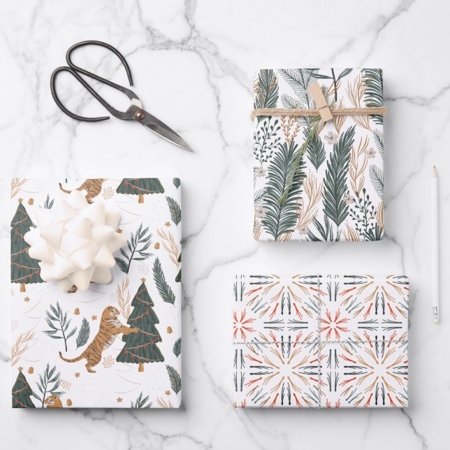 Modern Tiger Leaves Holiday Wrapping Paper Sheet (Front)