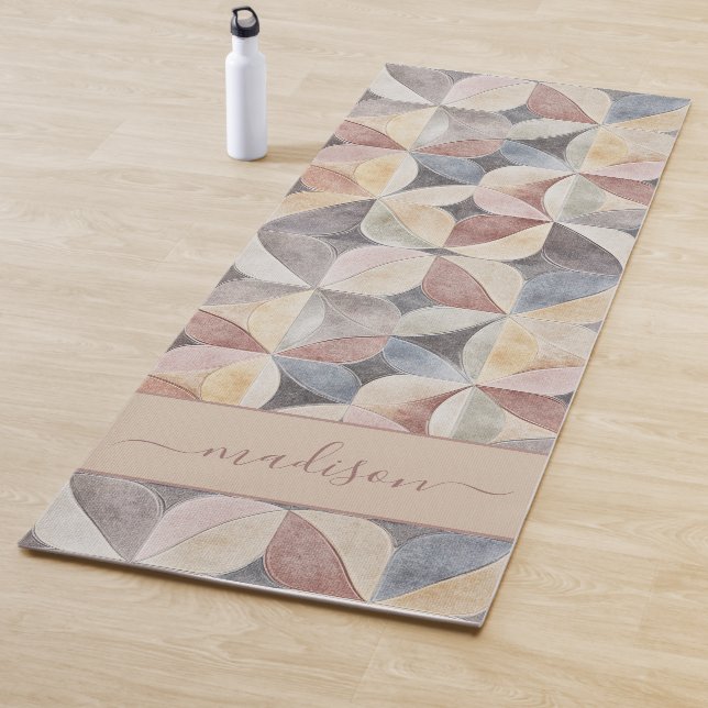 Modern Tile Neutral Abstract Monogram Yoga Mat (In Situ)