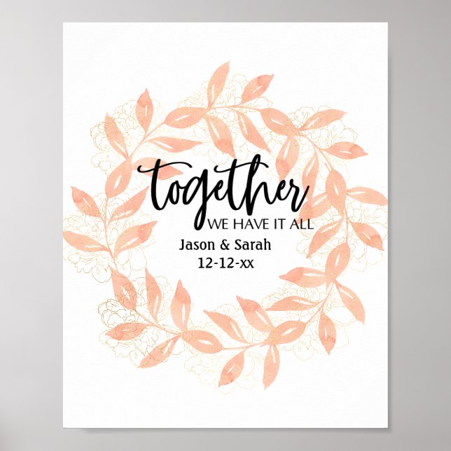 Modern Together Quote & Coral Leaves Personalised Poster (Front)