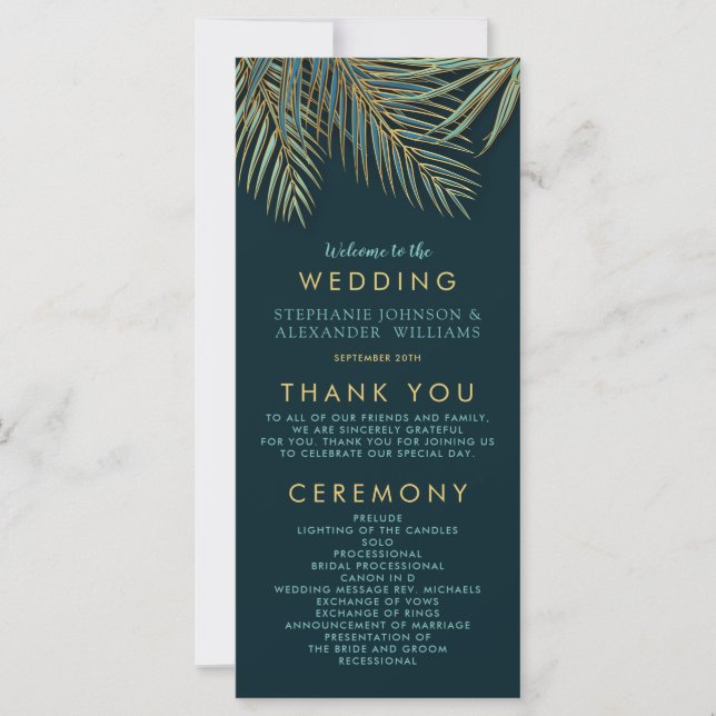 Modern Topical Palm Gold Teal Wedding Program (Front)