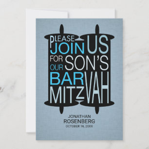 Modern Torah Bar Mitzvah Invitation Grey and Blue