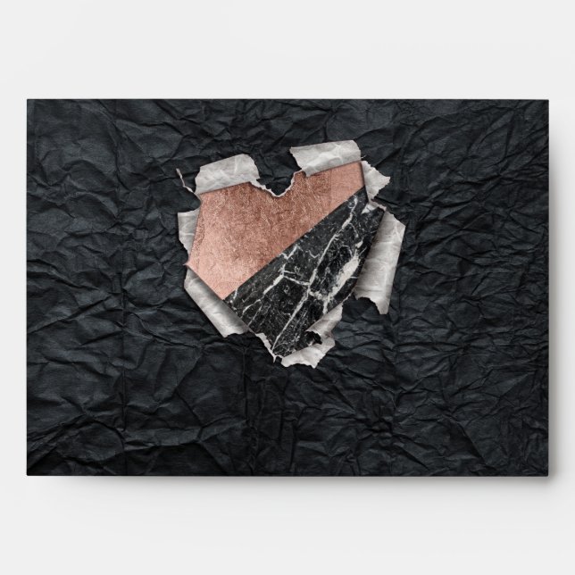 Modern Torn Paper Heart and Rose Gold Marble Envelopes (Front)