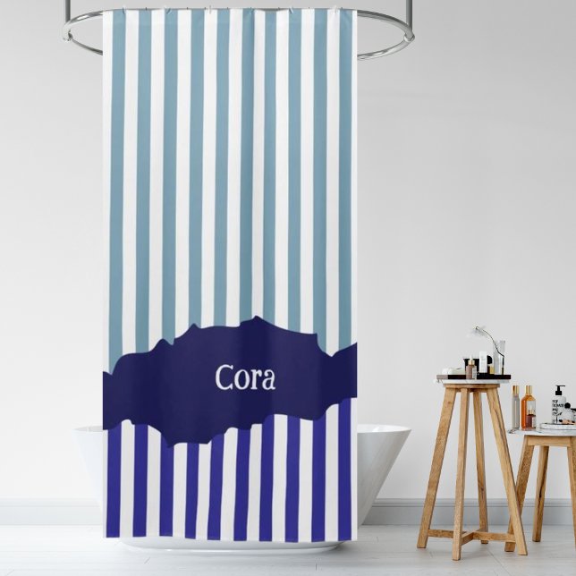 Modern Torn White Stripes Blue Layered Name Shower Curtain (Modern Torn White Stripes Blue Layered Name Shower Curtain)