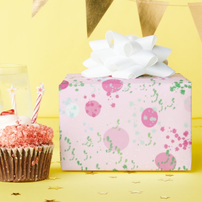 Modern Tossed Planets, Rose Pink & Green Wrapping Paper (Birthday Party)