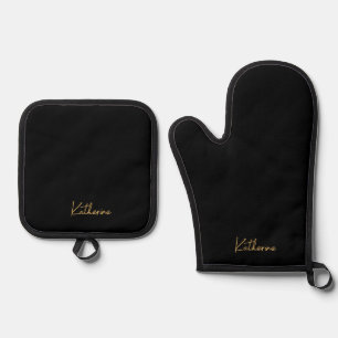 Modern Total Black & Gold Script Name Oven Mitt & Pot Holder Set