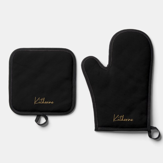 Modern Total Black & Gold Script Name Oven Mitt & Pot Holder Set (Front)