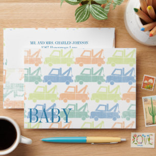 Modern Tow Truck Baby Boy Shower Invitations Envelopes
