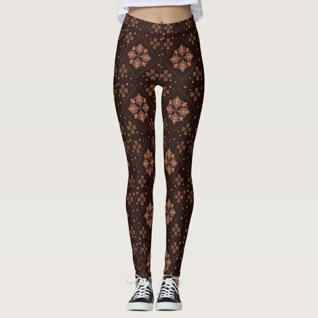 Modern Traditional Batik Floral Brown Pattern  Leggings (Front)