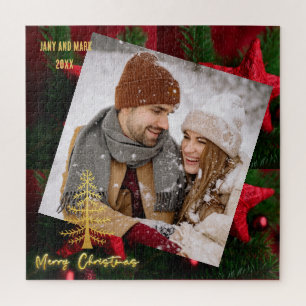 Modern traditional holiday photo keepsake red jigsaw puzzle
