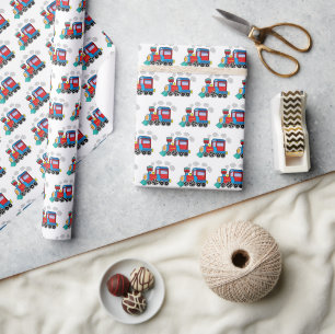 Modern Train Baby Watercolor Blue Birthday Kids Wrapping Paper