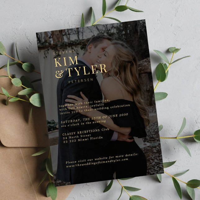 Modern transparent photo gold overlay wedding invitation (Creator Uploaded)