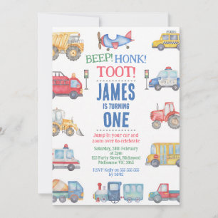 Modern Transport Boys First Birthday Invitation