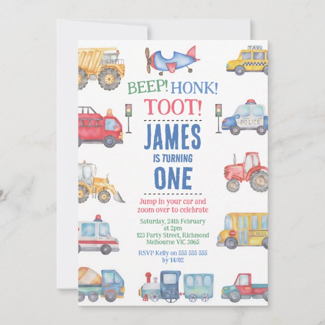 Modern Transport Boys First Birthday Invitation (Front)