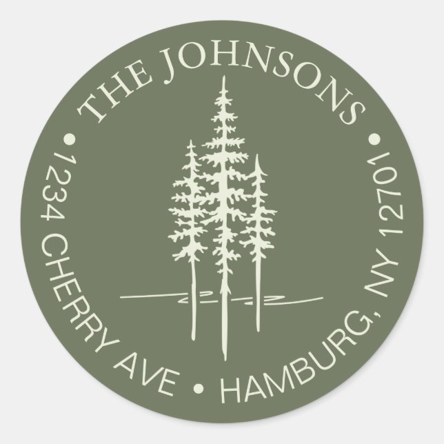 Modern Tree Forest Rustic Wedding Return Address  Classic Round Sticker (Front)