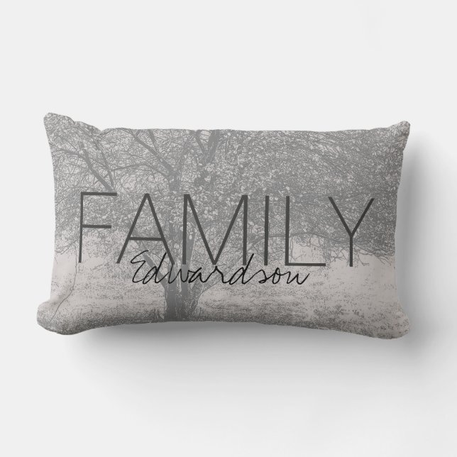 Modern tree grey white nature Family monogram name Lumbar Cushion (Front)