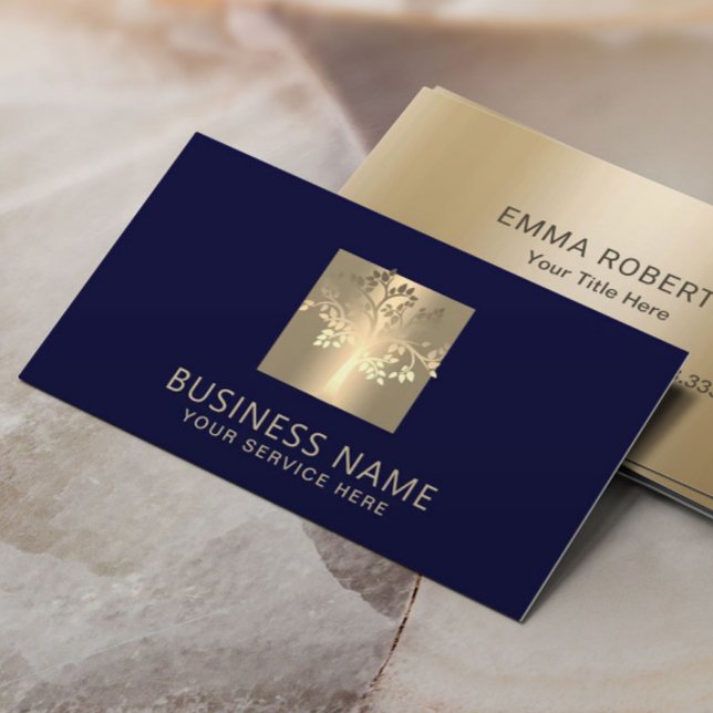 Modern Tree Logo Elegant Navy Blue & Gold Business Card (Creator Uploaded)