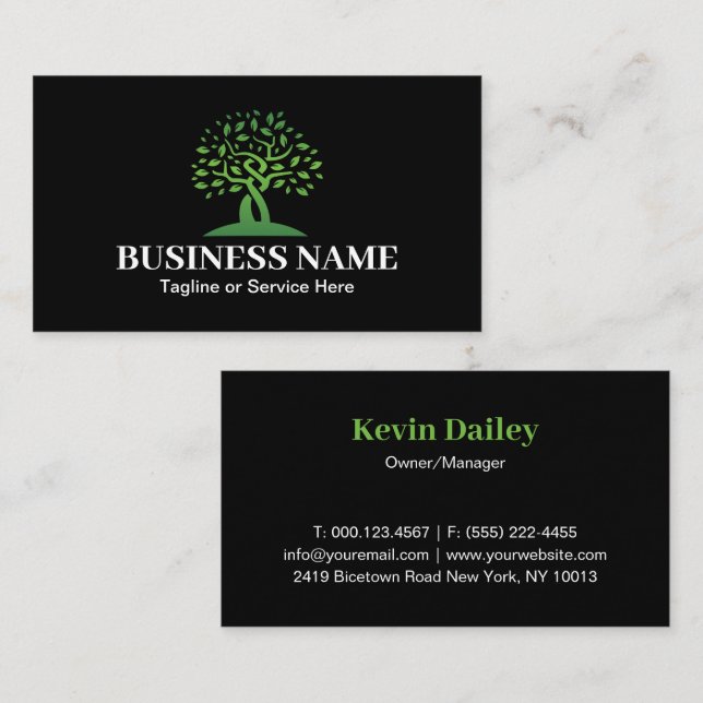 Modern Tree Logo Green Garden Services Business Card (Front/Back)
