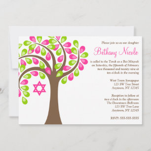 Modern Tree of Life Pink Green Bat Mitzvah Invitation