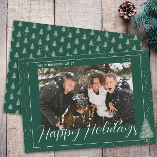 Modern Tree Snow Happy Holidays Family Photo Green Holiday Card
