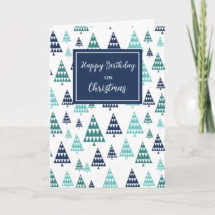 Modern Trees Happy Birthday on Christmas Card