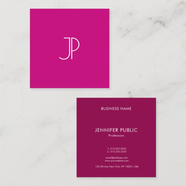 Modern Trend Colour Viva Magenta Monogram Initial Square Business Card (Front/Back)
