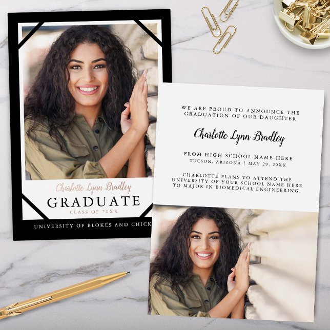 Modern Trendy 2 Photo Foil Graduation Announcement (modern black and white graduation announcment with 2 photos and rose gold foil for elegant grad card)