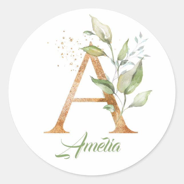 Modern trendy A monogram green and gold foil Classic Round Sticker (Front)