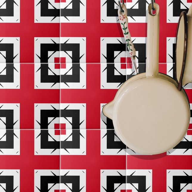 Modern Trendy Abstract Red Black & White Geometric Tile (Creator Uploaded)