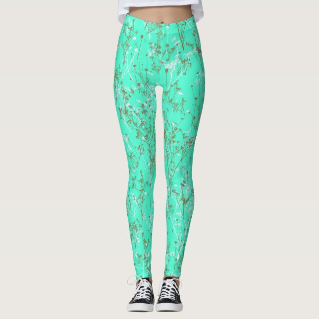 Modern Trendy Aqua Blue Wildflower Pattern Leggings (Front)