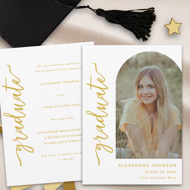 Modern Trendy Arch Photo Announcement (Modern trendy gold script arch photo graduation announcement card)
