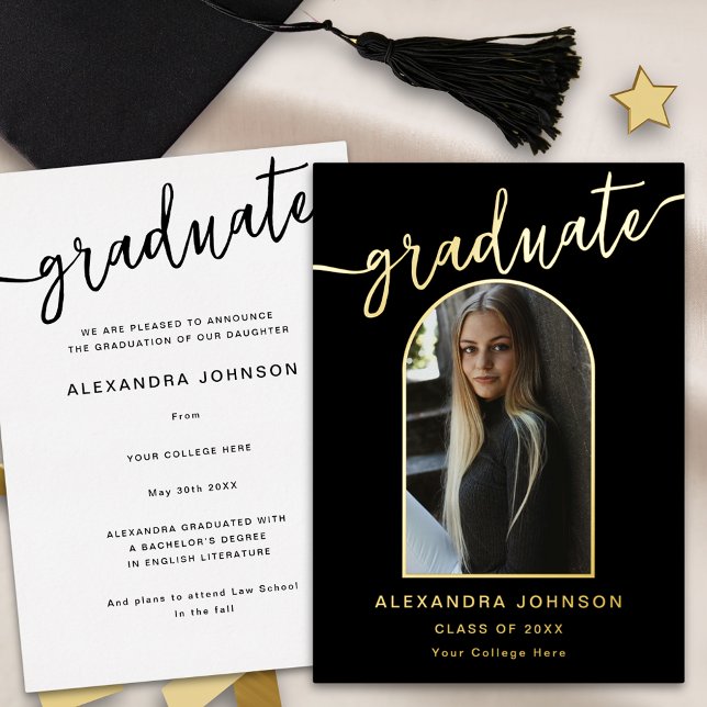 Modern Trendy Arch Photo Gold (Modern elegant arch photo graduation announcement card black and gold foil script)