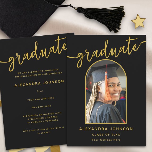 Modern Trendy Arch Photo Graduation Announcement (Modern arch photo black and gold script graduation announcement card trendy stylish chic design)