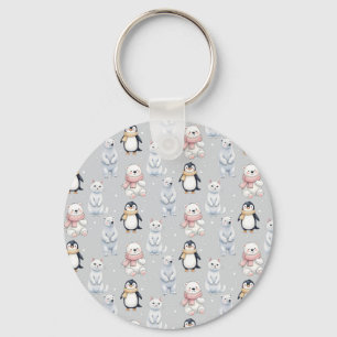 Modern Trendy Bear penguin cat Seamless Pattern Key Ring