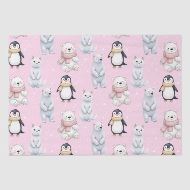 Modern Trendy Bear penguin cat Seamless Pattern  Tissue Paper (Front)